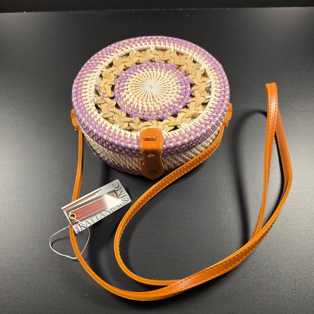 JMC Rattan Crossbody Bag‎ Women Purple Woven Round Basket Boho Summer Beach Bag